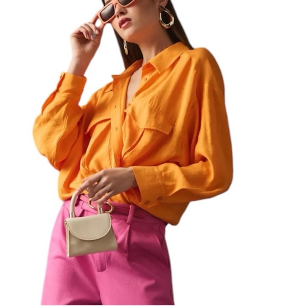 Maeve x Anthropologie Relaxed Button Down Shirt in Tangerine SZ S